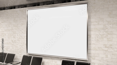 Fototapeta Naklejka Na Ścianę i Meble -  Horizontal A4 billboard on underground wall Mockup. Hoarding advertising on train station wall 3D rendering