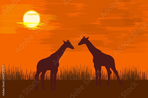 Landscapes of the nature of Africa in brown, orange and yellow tones with the image of the silhouettes of two giraffes for the site, article, print, design