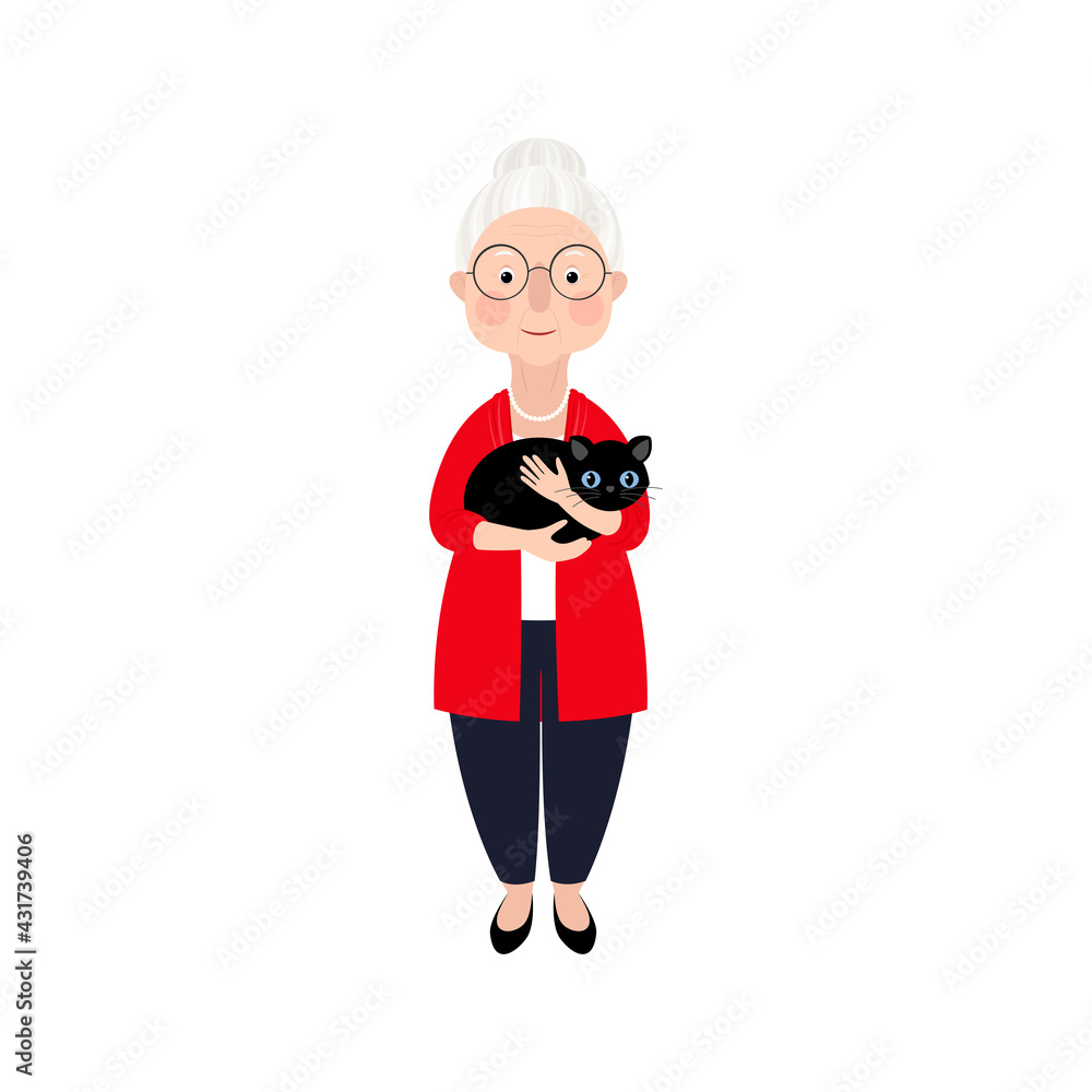 Sweet old lady with wrinkles on her face and gray hair stands, smiles, and holds her pet in her arms. Woman in red cardigan with cat. Vector stock hand-drawn illustration isolated on white background