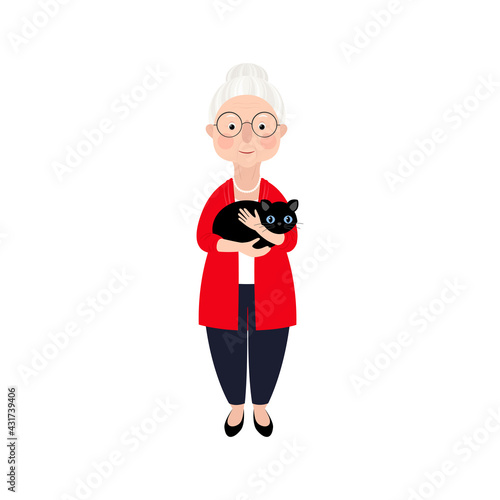 Sweet old lady with wrinkles on her face and gray hair stands, smiles, and holds her pet in her arms. Woman in red cardigan with cat. Vector stock hand-drawn illustration isolated on white background