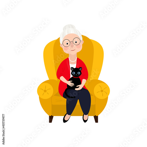A pretty old lady with a wrinkled face and gray hair sits in a yellow chair with a black cat. Vector stock hand-drawn illustration isolated on a white background
