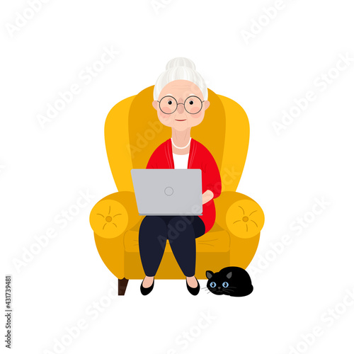 A pretty old lady with a wrinkled face and gray hair sits in a yellow chair and works on a computer. A woman with a black cat. Vector stock hand-drawn illustration isolated on a white background