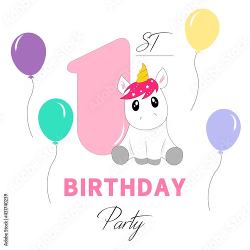  Illustration card birthday card template first birthday party invitation with unicorn and colorful baloons on the white background