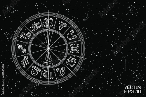 Round Frame with Zodiac Signs. Horoscope Symbol. Panoramic Sky Map of Hemisphere. Black and White Constellations on Starry Night Background. Vector Illustration
