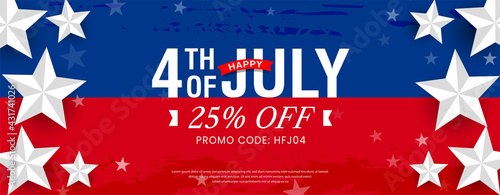 Happy 4th of July sale, discount, offer lettering design on red and blue watercolor, grunge background with 3d star. Promotional advertising banner template.
