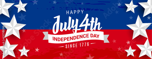 Happy 4th of July, independence day since 1776 design with ribbon on red & blue watercolor, grunge background with 3d star. Promotional advertising banner template for Brochures, Poster, or Banner.