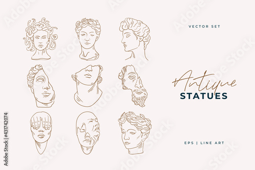 Linear drawings of heads of antique statues of the goddess and mythical god in the engraving style. Creative minimal linear woman vector with growing branch from her head.