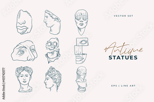 Linear drawings of heads of antique statues of the goddess and mythical god in the engraving style. Creative minimal linear woman vector with growing branch from her head.