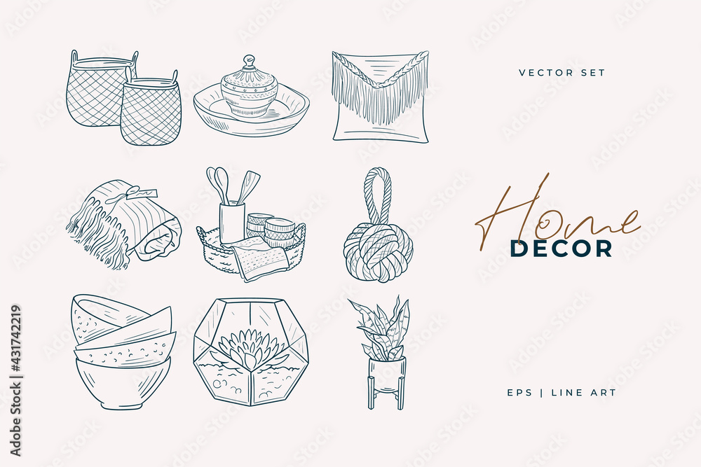 Home decor line art drawing. Doodle illustration. Stay home. Minimal