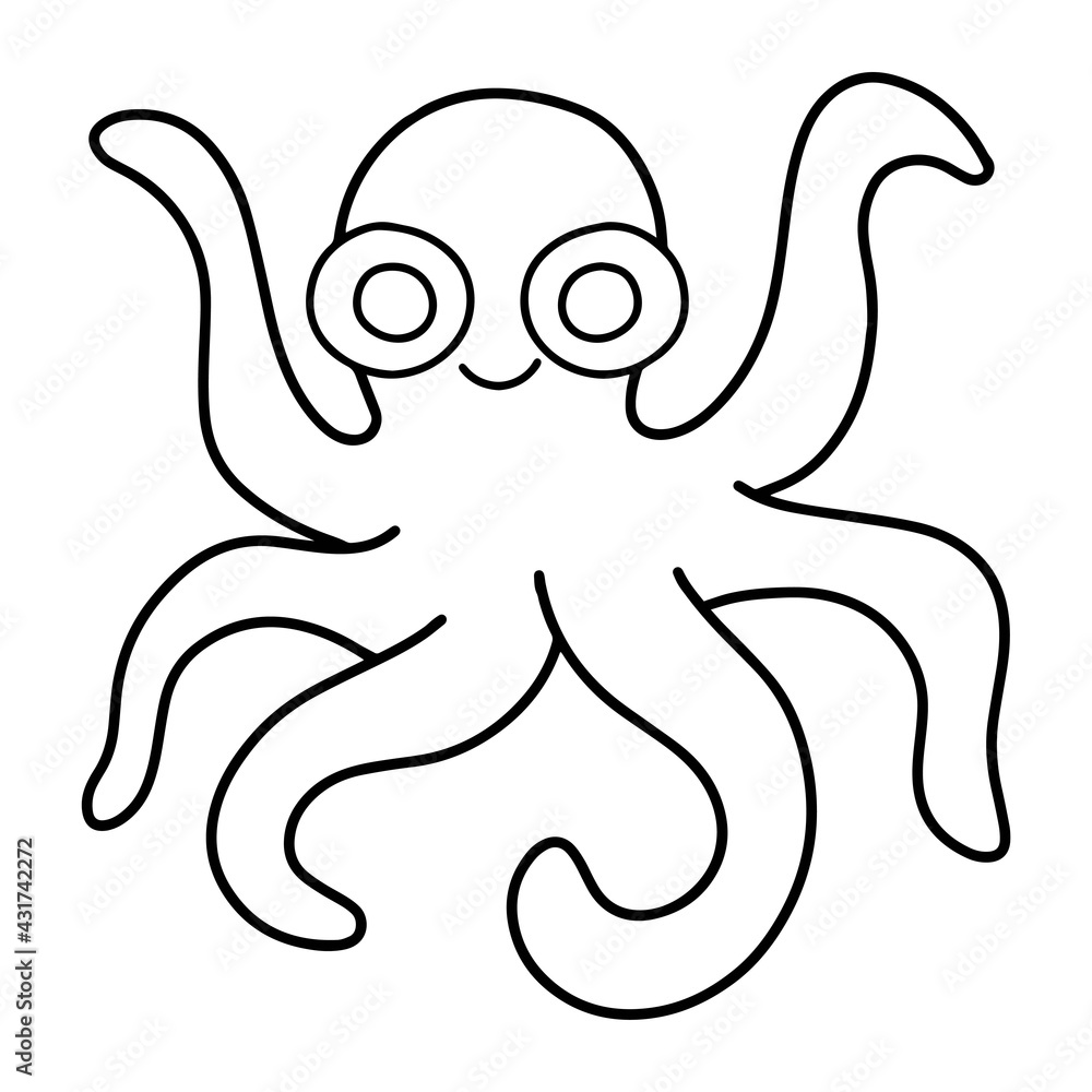 Funny cartoon hand-drawn octopus doodle stock vector illustration. Simple linear tropical octopus black outline white isolated. Sea-themed coloring page for kids printable page Funny cartoon hand-drawn octopus doodle stock vector illustration. Simple linear tropical octopus black outline white isolated. Sea-themed coloring page for kids printable page