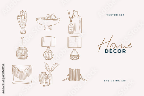 Home decor line art drawing. Doodle illustration. Stay home. Minimal vintage style. Doodle plant vector illustration. Pure nature organic brush. Line drawing. Eco product emblem.