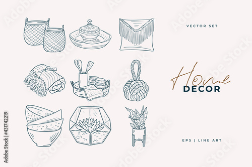 Home decor line art drawing. Doodle illustration. Stay home. Minimal vintage style. Doodle plant vector illustration. Pure nature organic brush. Line drawing. Eco product emblem.