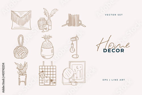 Home decor line art drawing. Doodle illustration. Stay home. Minimal vintage style. Doodle plant vector illustration. Pure nature organic brush. Line drawing. Eco product emblem.