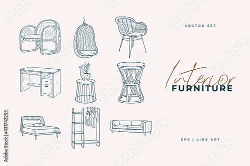 Stylish furniture set. Home decor line art drawing. Doodle illustration. Stay home. Minimal vintage style. Doodle plant vector illustration. Pure nature organic brush. Line drawing.