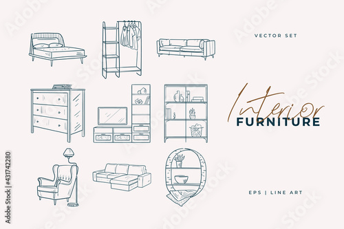 Stylish furniture set. Home decor line art drawing. Doodle illustration. Stay home. Minimal vintage style. Doodle plant vector illustration. Pure nature organic brush. Line drawing.