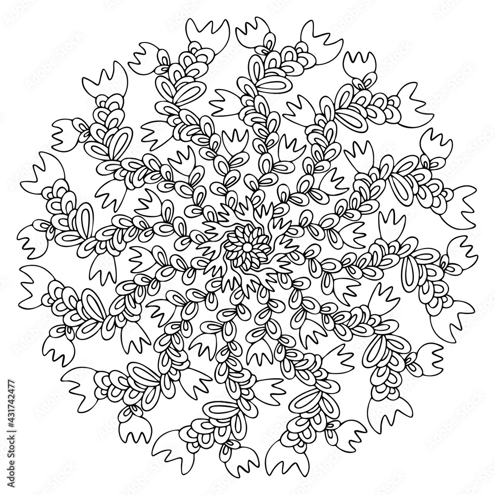 Fantasy plant and flowers mandala coloring page stock vector