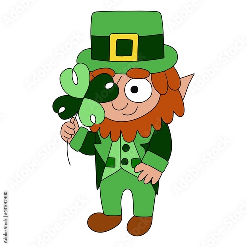 Funny hand-drawn cartoon leprechaun in green with four-leaf clover stock vector illustration. Traditional Irish folklore character - happy leprechaun isolated on white