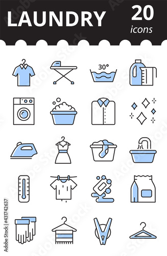 Laundry linear icons set. Concept of laundry service. Washing symbol collection in color.