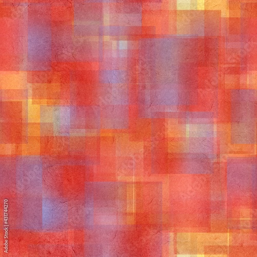 Seamless overlaid geometric shape pattern print. High quality illustration. Transparent rectangles filled with gradient colors scattered. Handmade paper texture overlay.