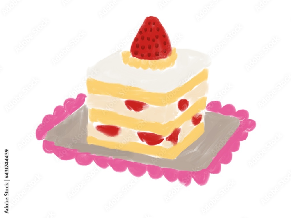 Watercolor painting cute strawberry fruit cake on white background.illustration.