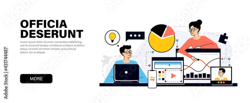 Concept in modern flat colors for website and mobile website development on the topic of business partnership, analytics or teamwork, online work on a project in a team