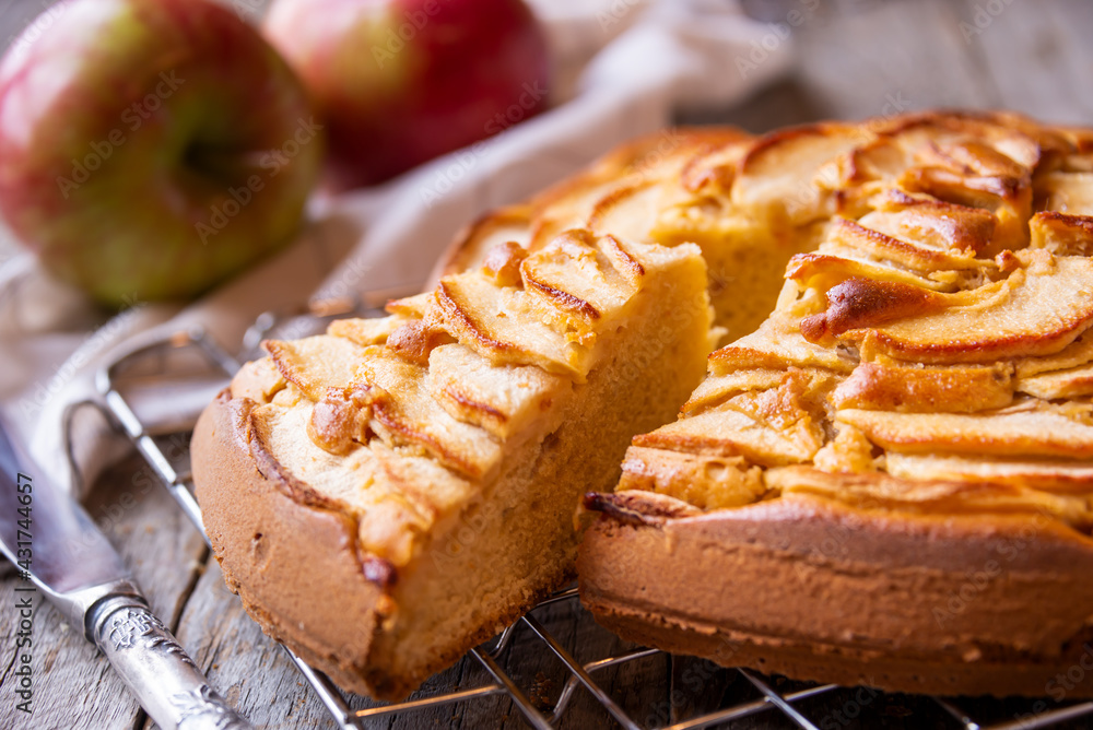 Apple pie, delicious pastry dessert with slices of apple on top