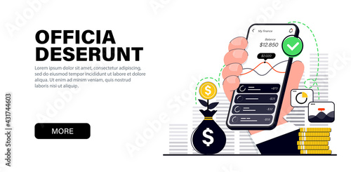Concept in modern flat black colors for website and mobile website development on the topic payment via smartphone, сost control. budget savings, receiving dividends.