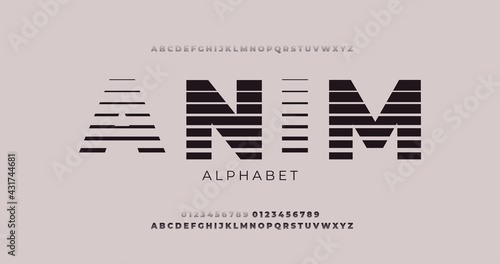 Retro futuristic alphabet fonts in 80s style. Sci-fi monohromic abstract type in Retrowave, synthwave style. Modern minimalistic typeface composed of stripes