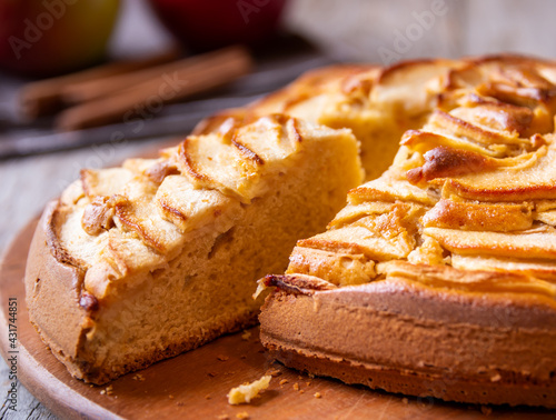 Apple pie, delicious pastry dessert with slices of apple on top