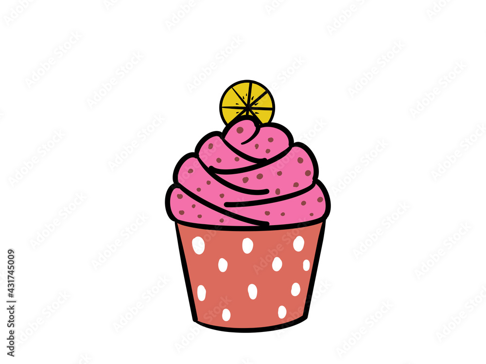 Cute cupcake drawing decorated with oranges on white background. Cute cupcake drawing decorated with oranges on white background.