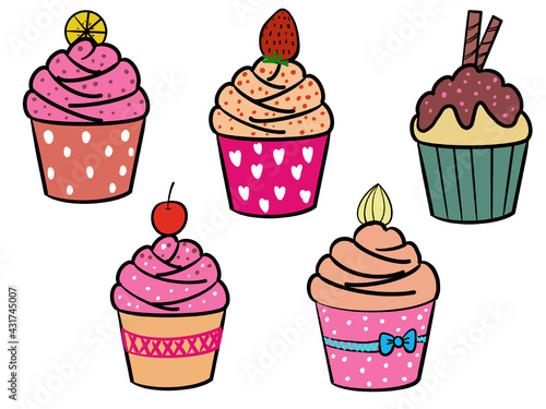 Cute cupcake set painting On a white background. illustration.