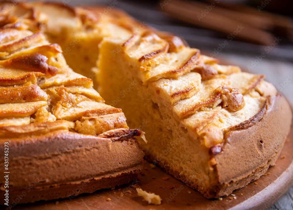 Apple pie, delicious pastry dessert with slices of apple on top Apple pie, delicious pastry dessert with slices of apple on top