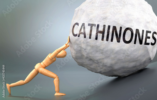 Cathinones and painful human condition, pictured as a wooden human figure pushing heavy weight to show how hard it can be to deal with Cathinones in human life, 3d illustration photo