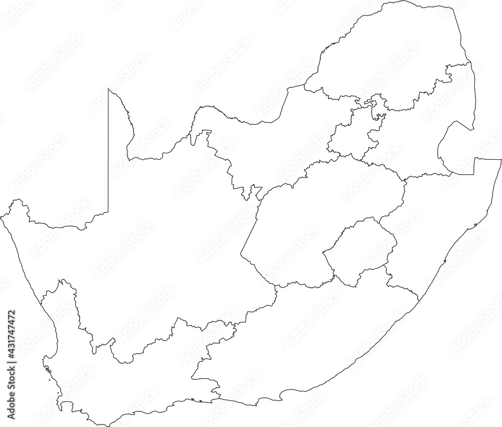 White blank vector map of the Republic of South Africa with black borders of its provinces