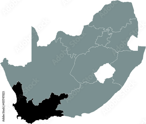 Black highlighted location map of the South African Western Cape province inside gray map of the Republic of South Africa