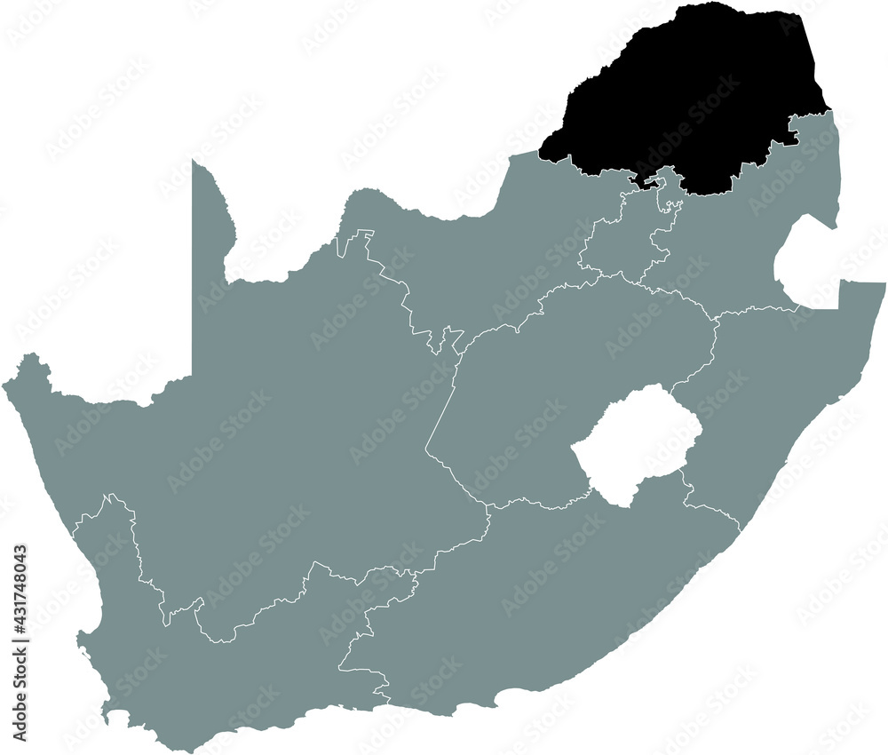 Black highlighted location map of the South African Limpopo province inside gray map of the Republic of South Africa