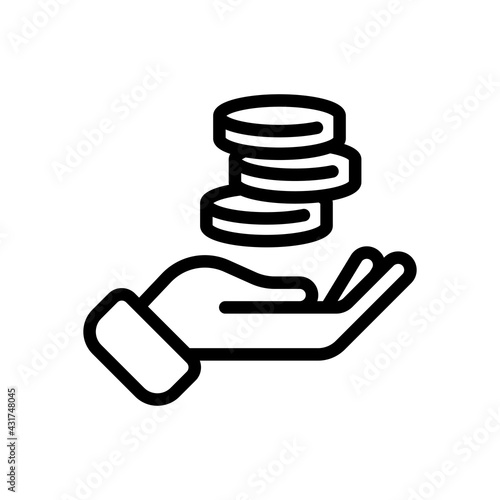 Hand and money, giving a cash, simple icon. Black linear icon with editable stroke on white background