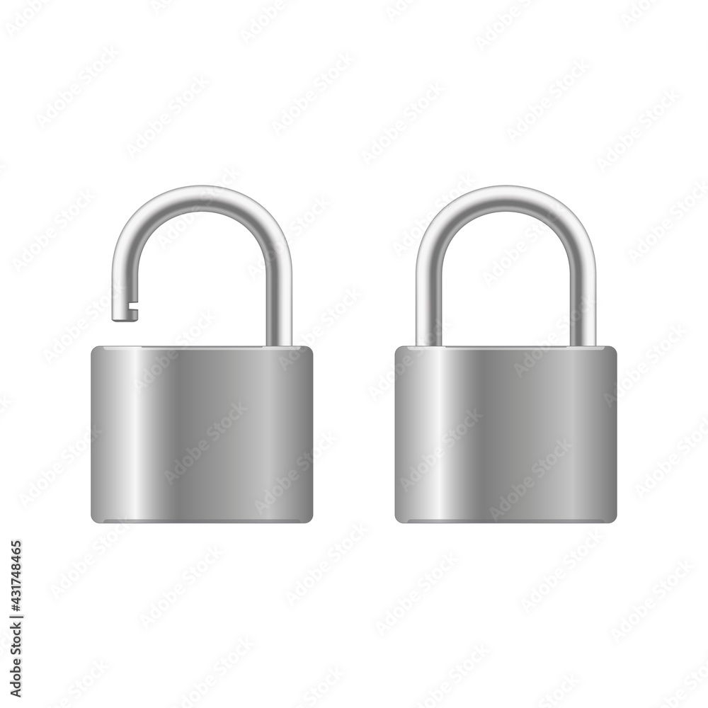 Realistic closed padlock for protection privacy isolated on white background. Art design metal steel lock. Closed and open. Vector. Realistic closed padlock for protection privacy isolated on white background. Art design metal steel lock. Closed and open. Vector.