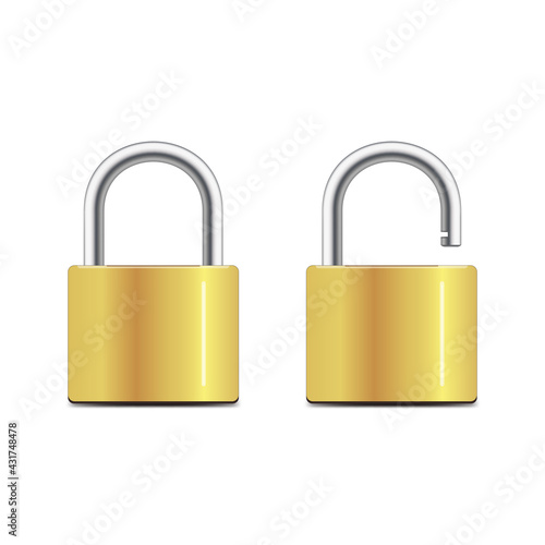 Locked and unlocked padlock. Realistic set of golden locks on white background. Security concept. Vector.