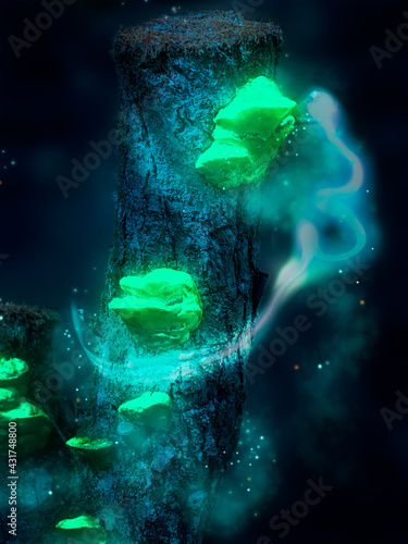 Glowing night fungus emit an eerie green light surrounded by alien sprites and fluorescent toxic spores.  Fantasy art 