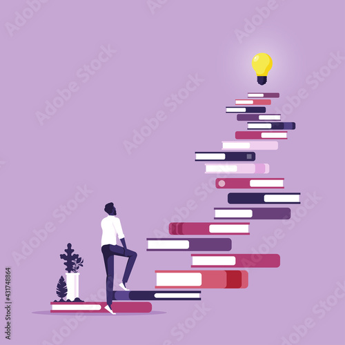 Knowledge is ladder to success-Self development and training, Businessman climb at books stairs with light bulb on top. self development, education, practice. self-management