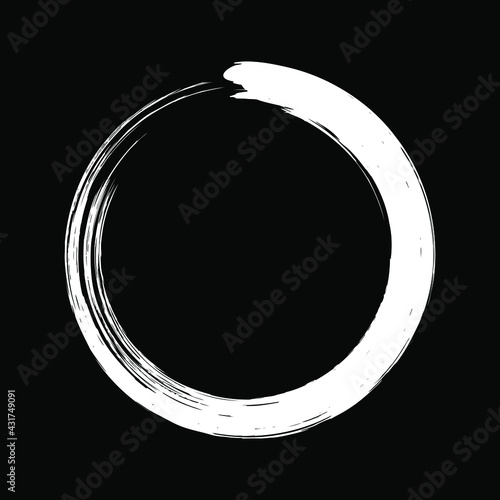 White paint circle shape. Enso Zen symbol. Circular label, logo, text frame, banner, badge. Grunge design element. Isolated. Distress texture. Ink brush strokes