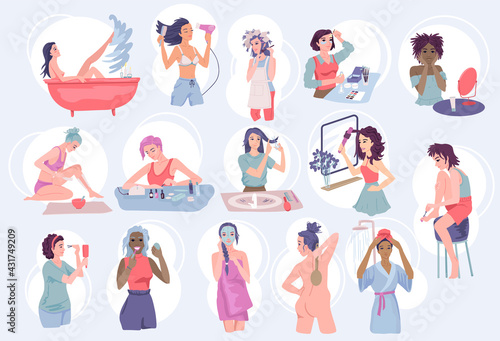 Home body and hair care. Women's routine. Self-care, female beauty. Cosmitological home procedures. Home body and self care. Vector cute flat cartoon illustration