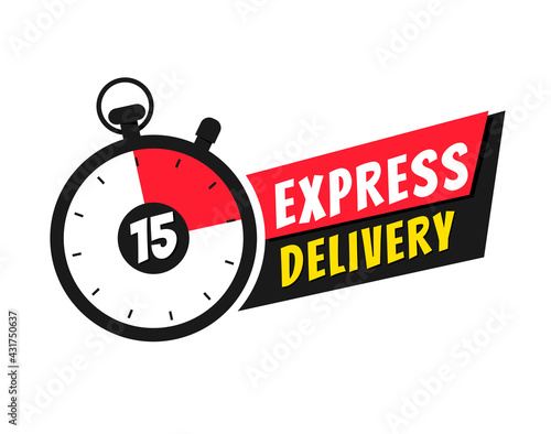 Express delivery icon with stopwatch for websites and apps. Delivery in 15 minutes. Flat style vector illustration isolated on white background. 