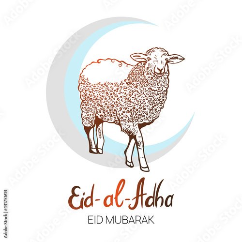 Hand Drawn Graphic sheep or ram that is animal to sacrifice on muslim holiday Eid al-Adha. Social media Graphic template to Kurban Bayrami.