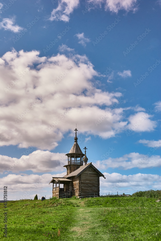 Old wooden Orthodox church in Russia. Historical religious monument on Kizhi Island, Lake Onega. Copy space