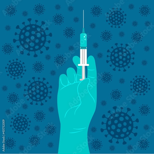 Hand in a blue gloves holding syringe on blue background with coronavirus pattern. second wave of coronavirus vector illustration. 
