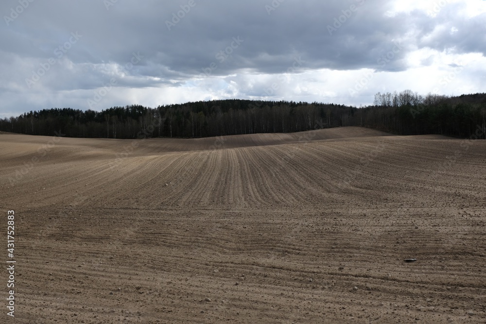 Rural landscape with freshly plowed fields and forest on horizon in springtime, Kashubia, Poland