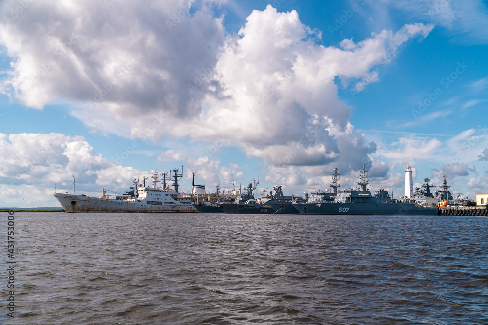 Russia. July 3, 2020. Warships in the Middle harbor of the city of Kronstadt.