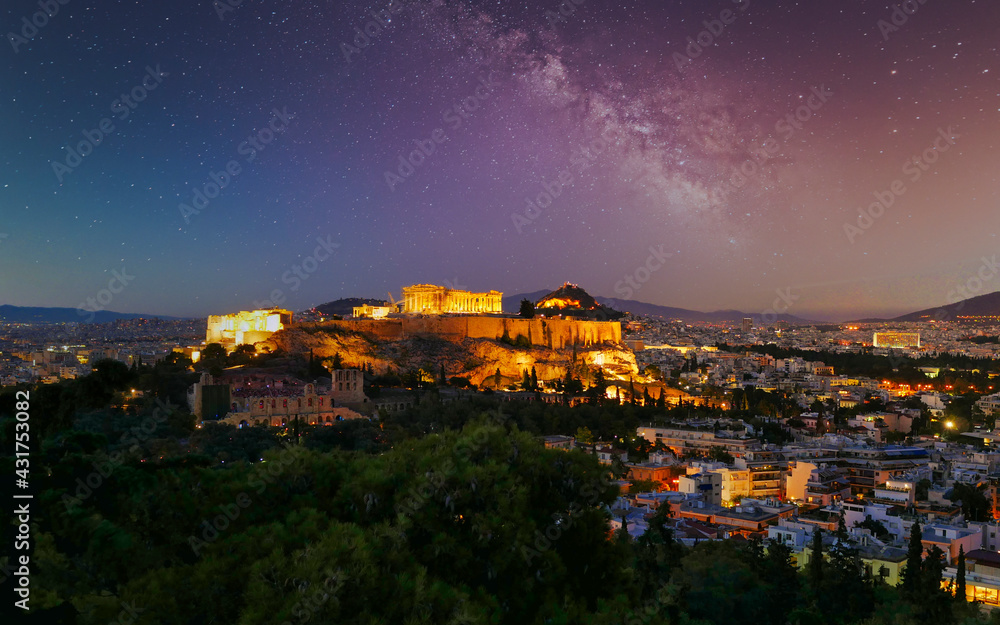 Acropolis of Athens Greece under dramatic night sky, scenic view